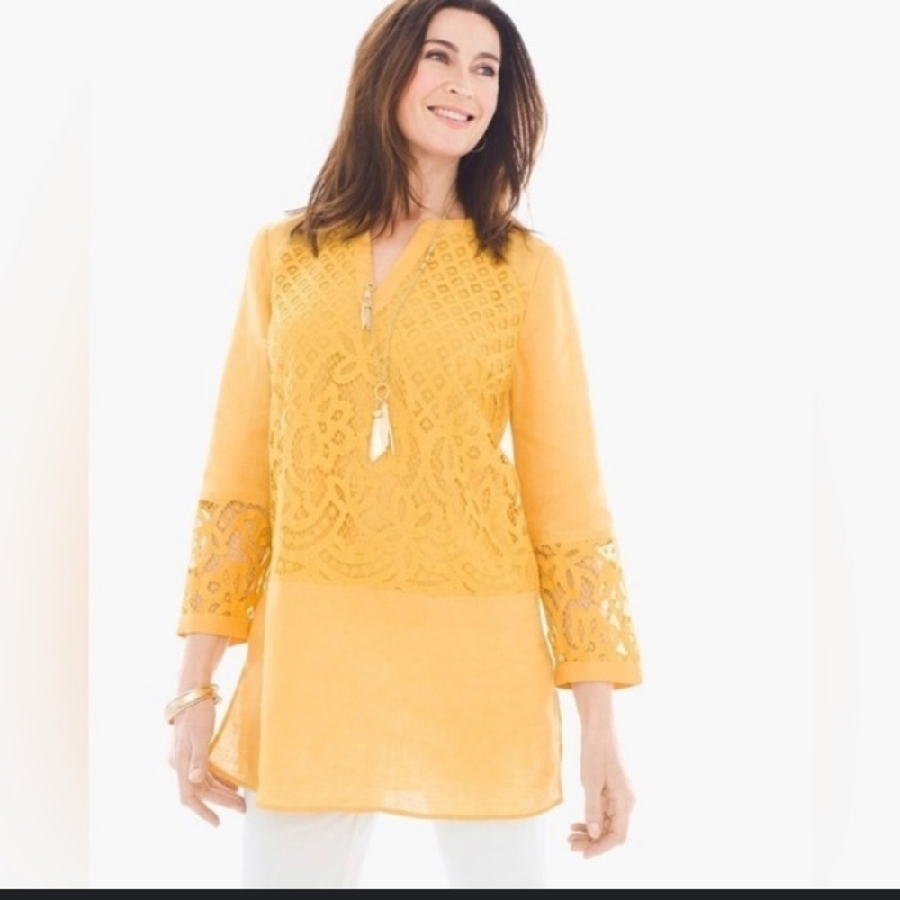 Chico’s 100% linen loose artsy lace top Lagenlook blouse yellow XL